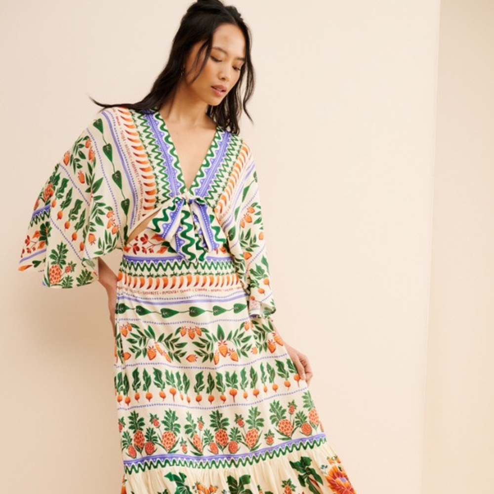 FARM Rio Cream Maxi Dress with Green and Orange Botanical Motif